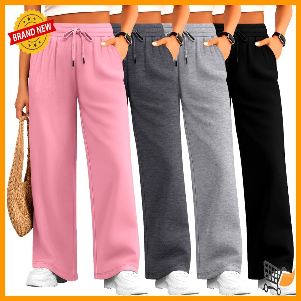 Plus Size Wide Leg Lounge Pants 4 Pack Drawstring Yoga Sweatpants Pockets